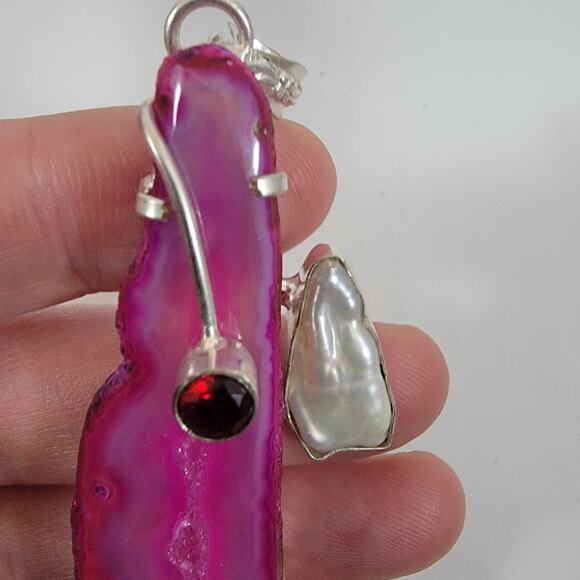 Handmade Silver Pendant with Pink Agate, Garnet & Pearl Accent - Picture 7 of 10